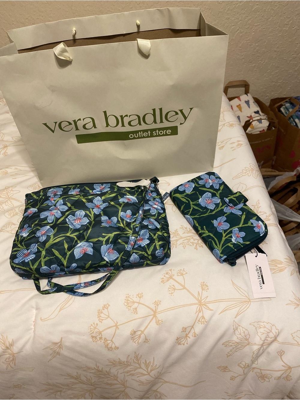 Vera Bradley Dark Blue Floral Quilted Tote with Matching Wallet